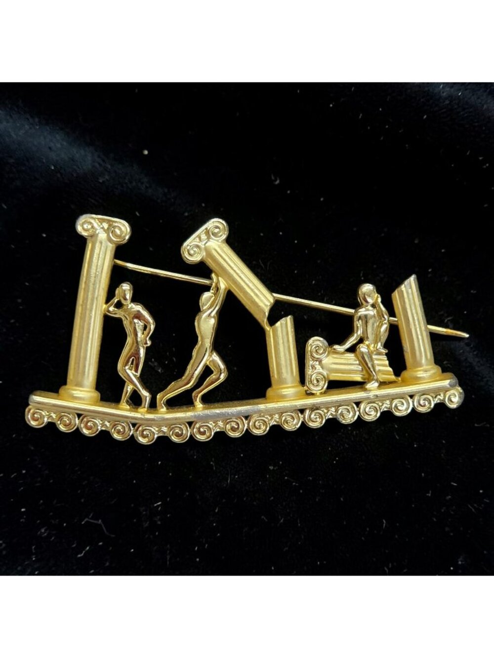 A.J.C. Vintage Gold-Tone Greek Column Brooch Figures & Scroll Detailing
